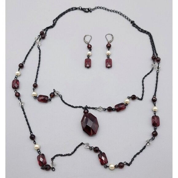 Black Gun Metal Purple Bead Pendant Double Strand Necklace & Earring Set 24" - Picture 10 of 10